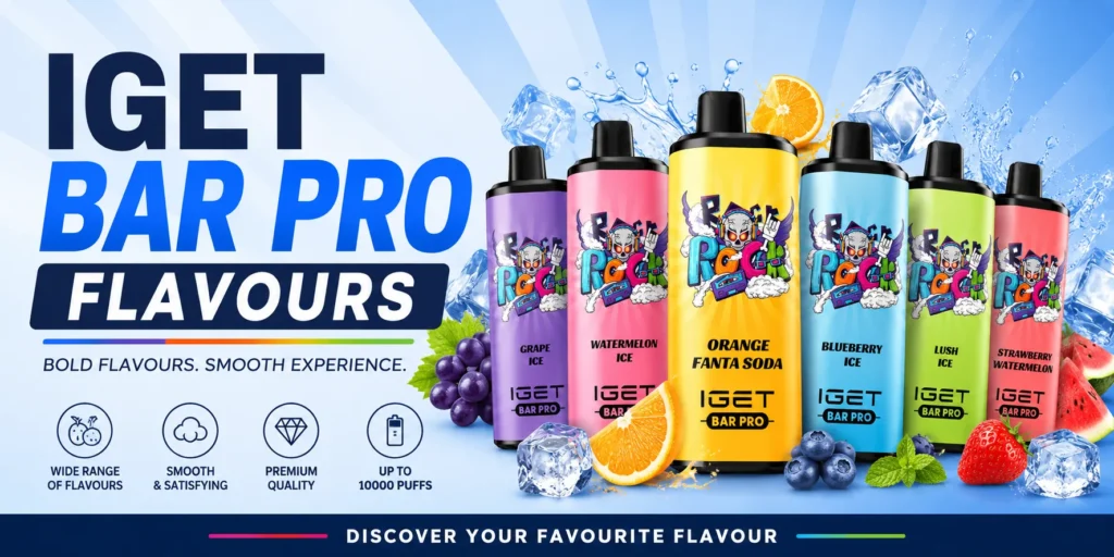 IGET Bar Pro Flavours hero banner — Grape Ice, Watermelon Ice, Orange Fanta Soda, Blueberry Ice, Lush Ice, Strawberry Watermelon — wide range, smooth, premium, up to 10000 puffs