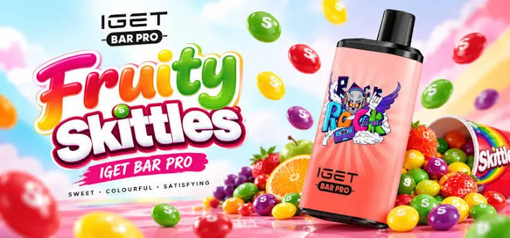 Fruity Skittles IGET Bar Pro 10000 Puffs disposable vape with Skittles candy scatter